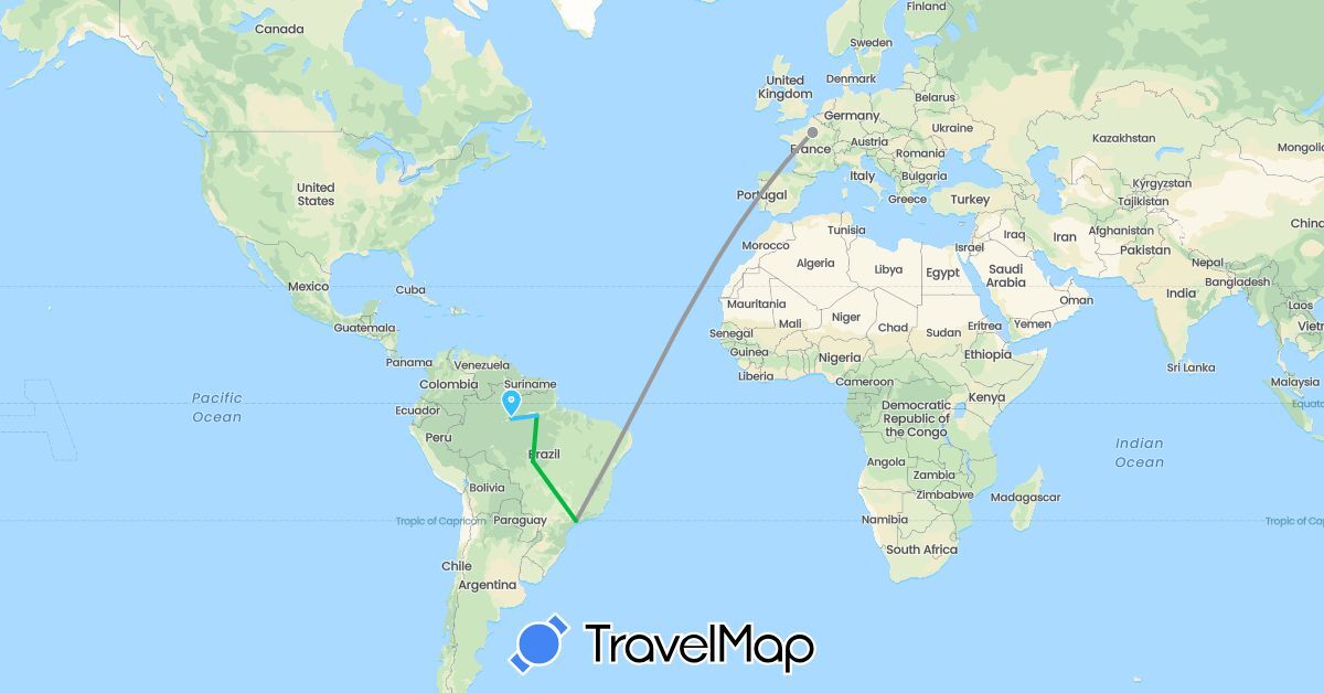 TravelMap itinerary: driving, bus, plane, boat in Brazil, France (Europe, South America)